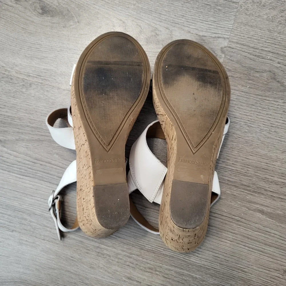Franco Sarto Womens White Leather Cork Wedge Platform Sandals Strappy Buckle 8